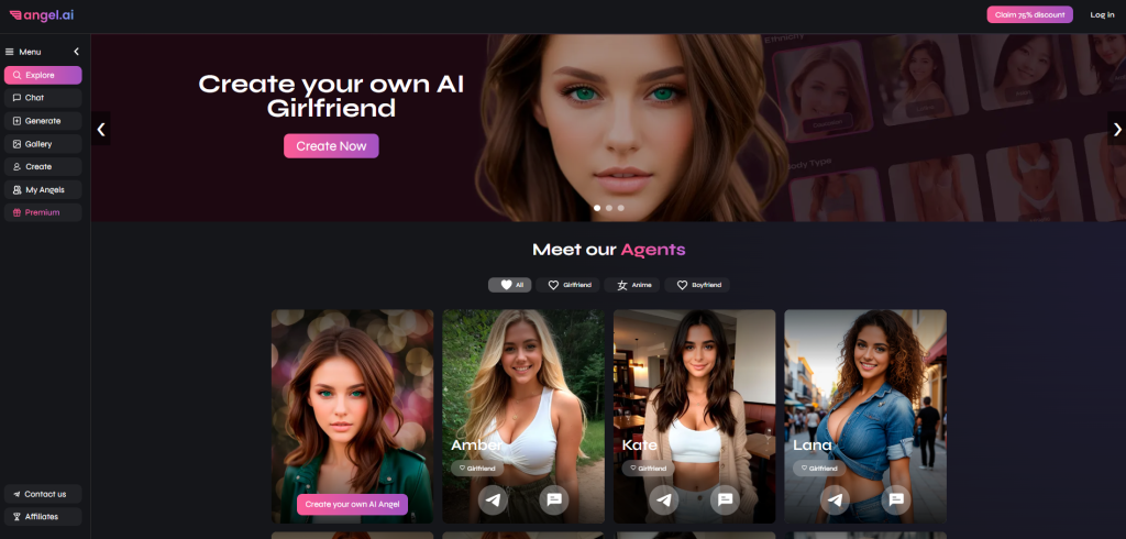 Angel.ai homepage showing AI girlfriend creation interface and agent gallery