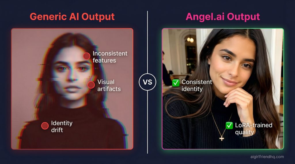 Angel.ai image generation quality comparison showing consistent AI girlfriend selfie output