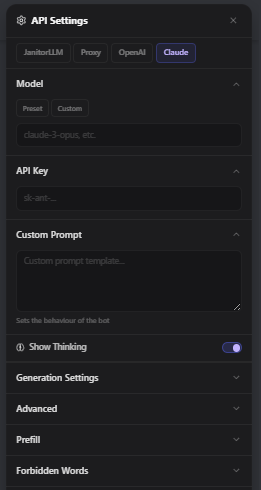 Janitor AI API Settings showing the bring-your-own external API key field for OpenAI Claude and DeepSeek