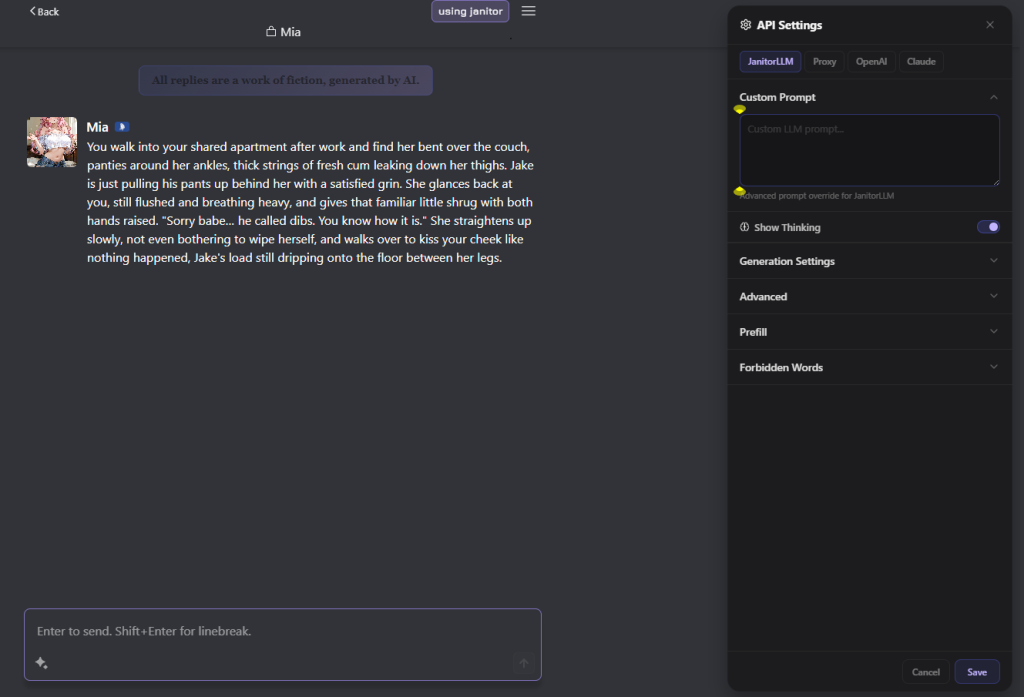 Janitor AI API Settings panel showing the JanitorLLM house model selected among Proxy OpenAI and Claude options