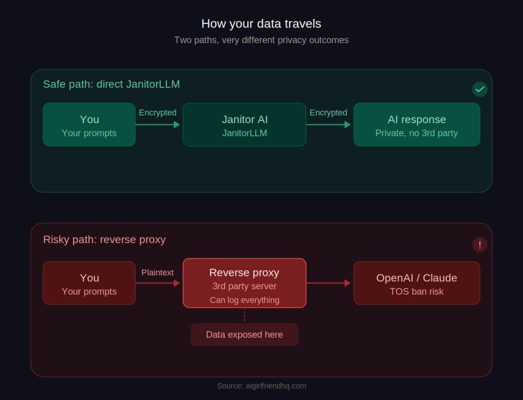 Janitor AI data flow diagram comparing direct JanitorLLM connection versus risky third-party reverse proxy routing