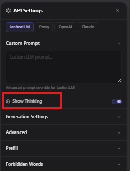 Janitor AI Show Thinking toggle in the API Settings enabling internal reasoning during roleplay responses