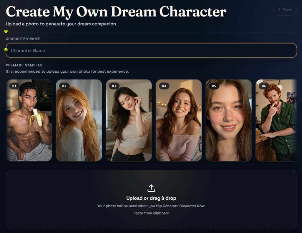 Muah.ai character creation screen with premade photo samples and custom upload option