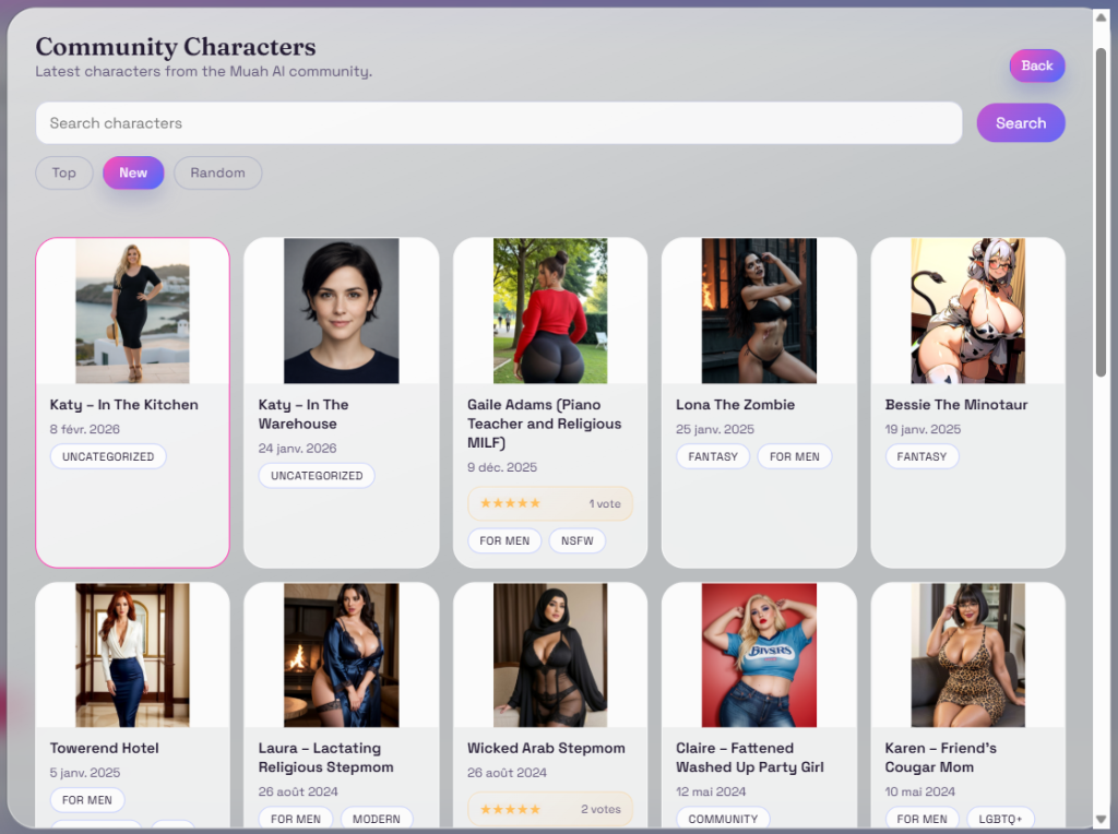 Muah.ai community characters gallery showing diverse AI companions with limited filtering options