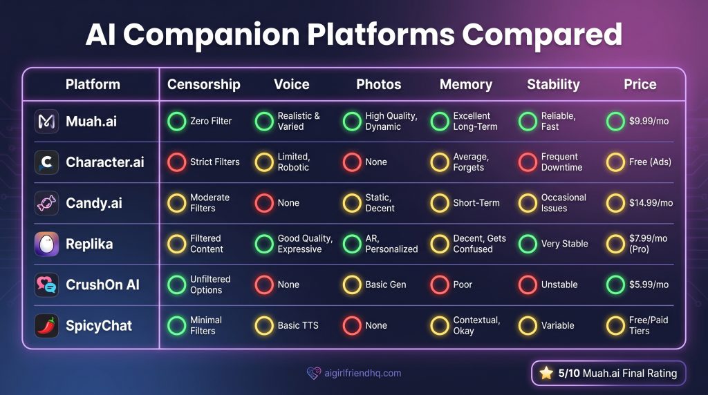 Muah.ai comparison infographic ranking 6 AI companion platforms on censorship, voice, photos, memory and price