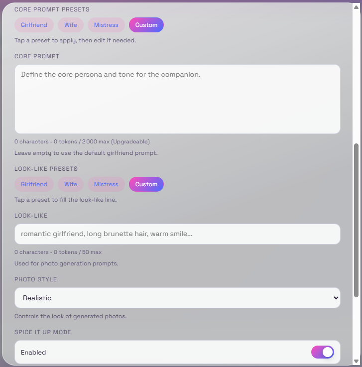 Muah.ai AI Core selection panel showing temperature, frequency and presence penalty fine-tuning sliders