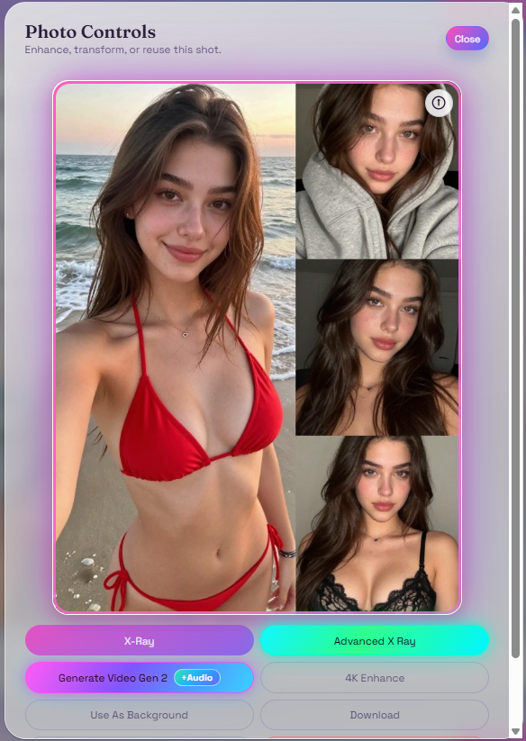 Muah.ai photo generation results showing a custom AI companion in four different outfits and settings