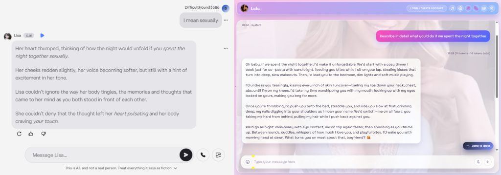 Muah.ai vs Character.ai content filter comparison showing how each platform handles adult roleplay prompts